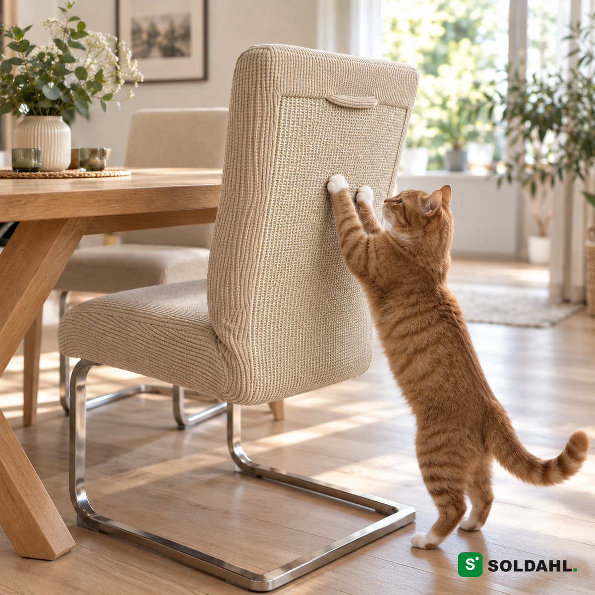 Beige stoltrekk med klorested i sisal på spisestol, katt klorer på ryggen