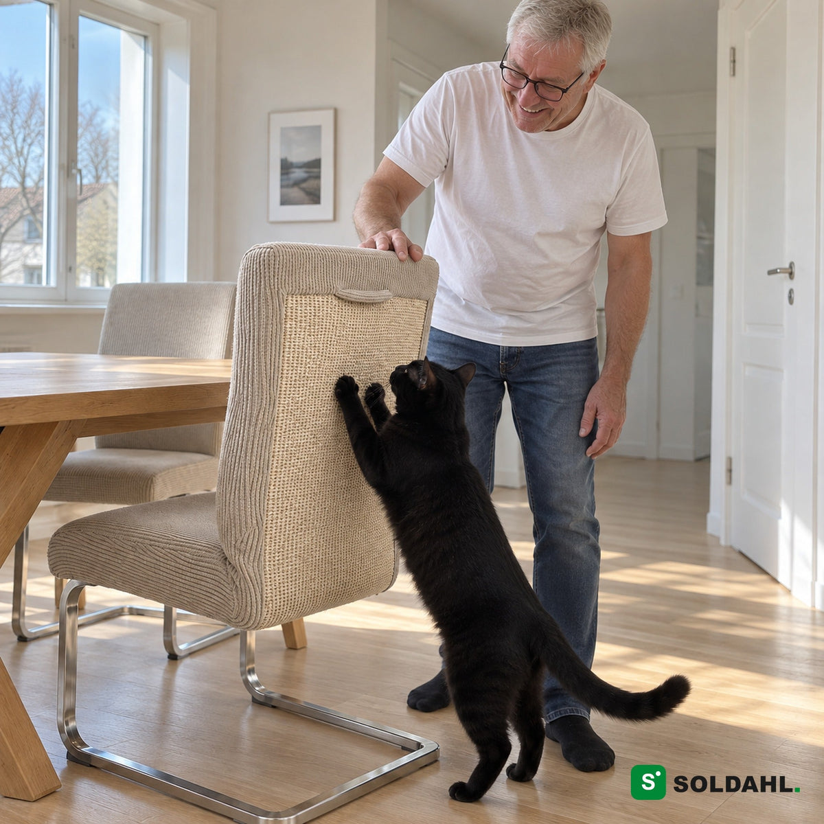 Mann ler mens en svart katt klorer på sisalen på beige stoltrekk Kløra
