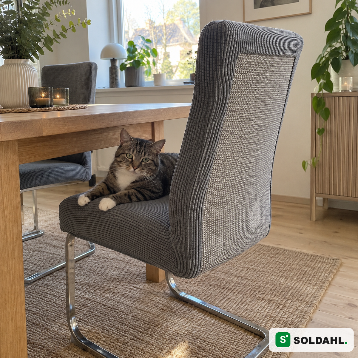 Katt hviler på stol med Soldahl Kløra stoltrekk