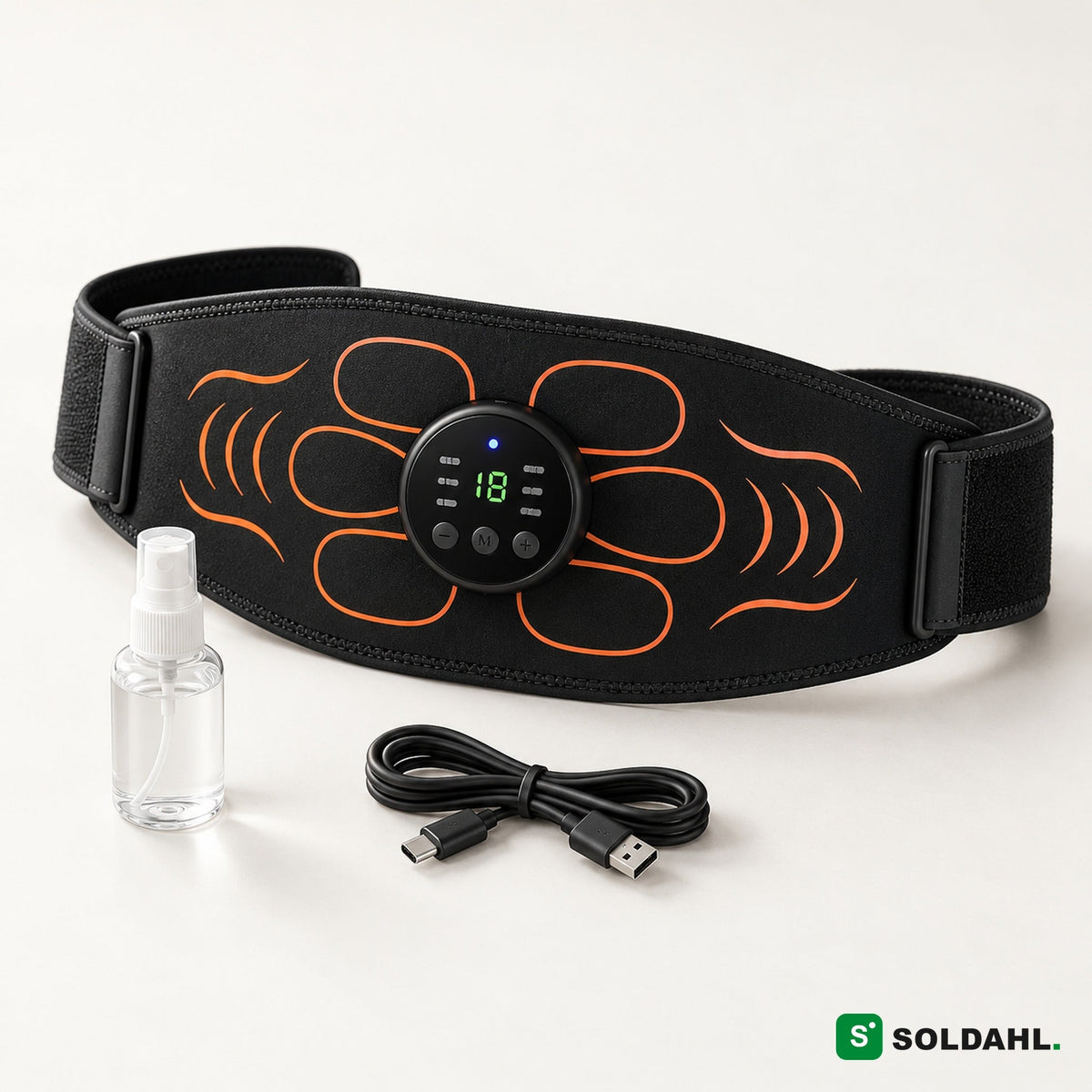 Svart EMS-magebelte med oransje mønster, rund kontroll, sprayflaske og USB-C-kabel