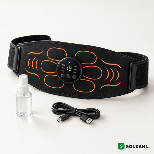 Svart EMS-magebelte med oransje mønster, rund kontroll, sprayflaske og USB-C-kabel