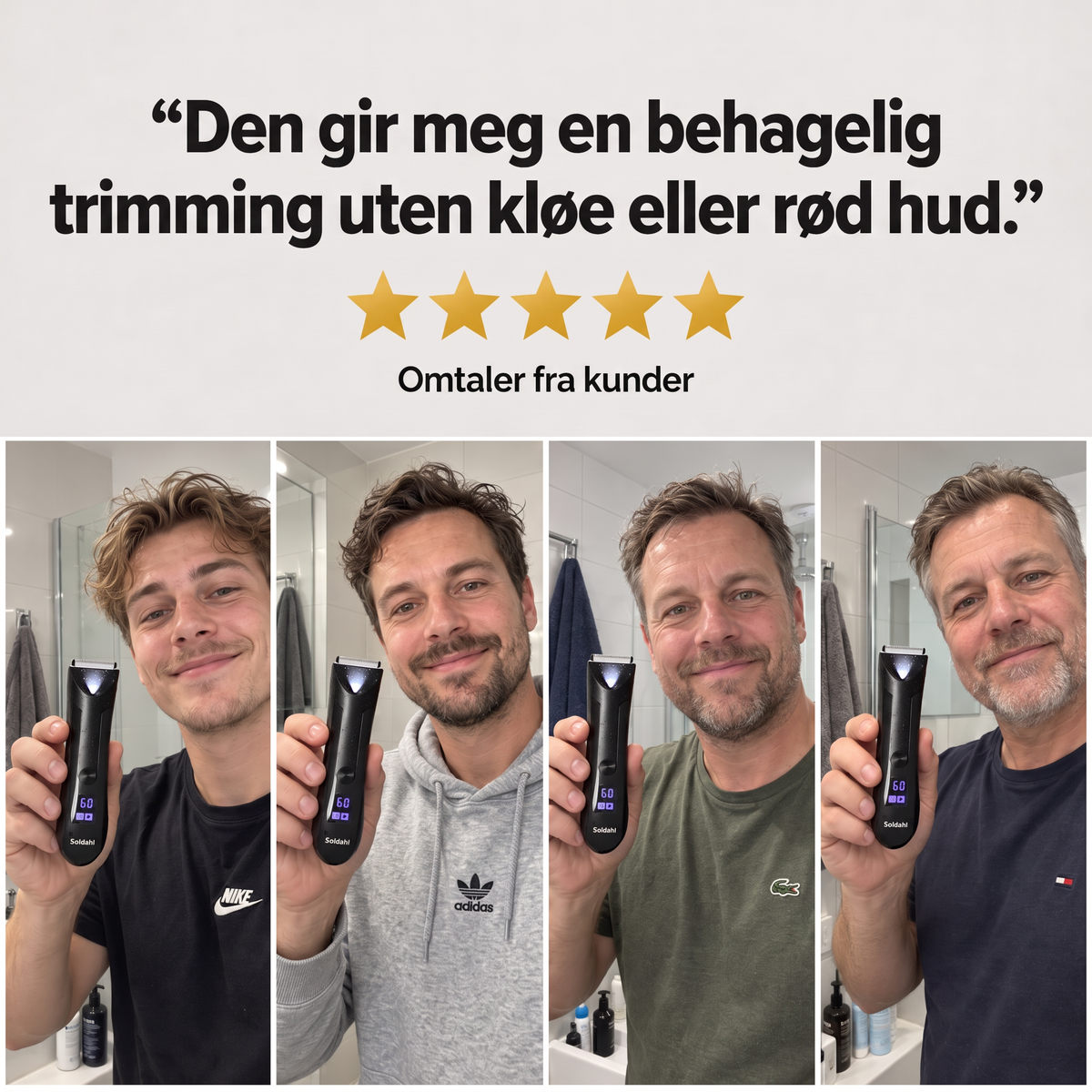 Fire menn med Soldahl kroppstrimmer og omtaler fra kunder