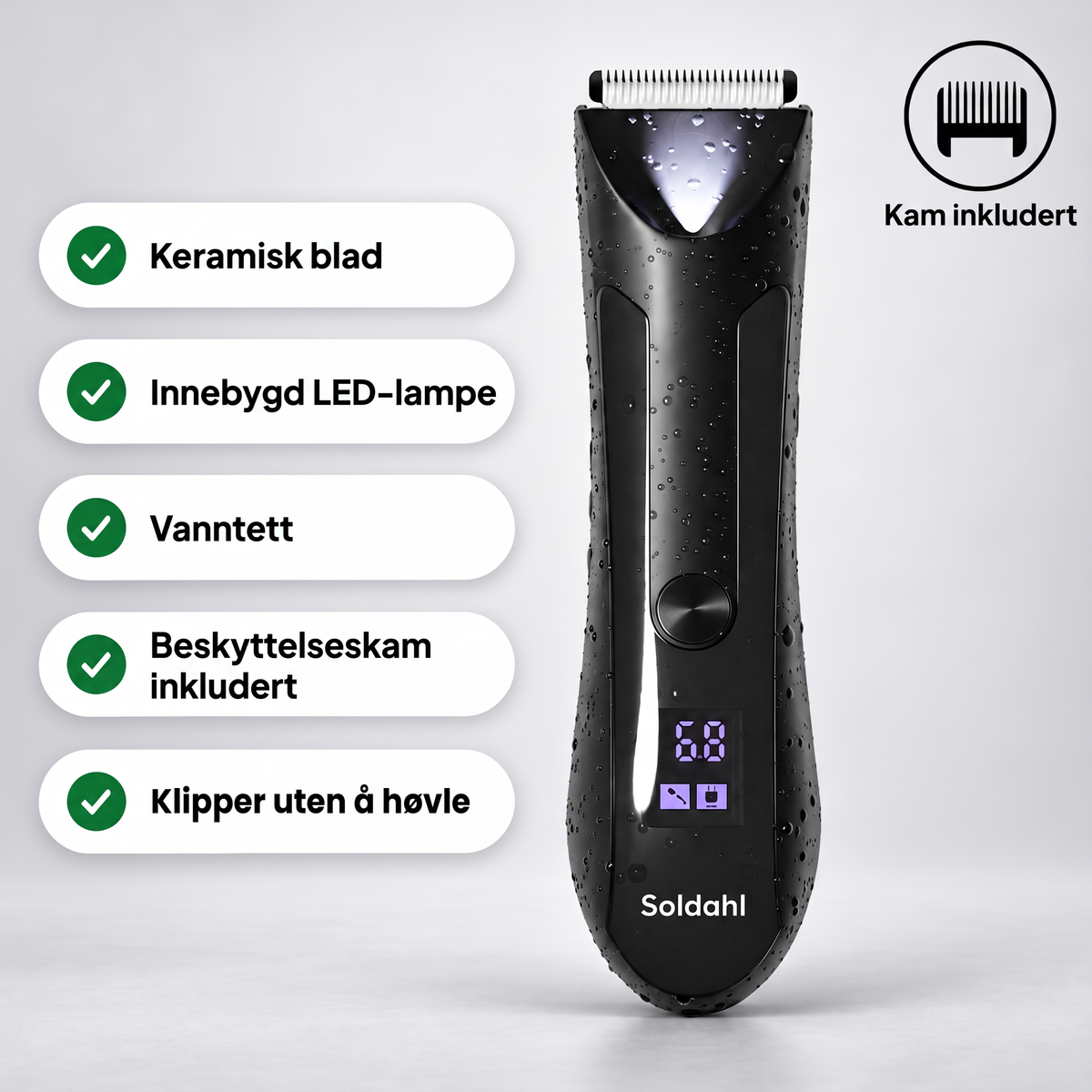 Soldahl vanntett kroppstrimmer med keramisk blad, LED-lys og beskyttelseskam