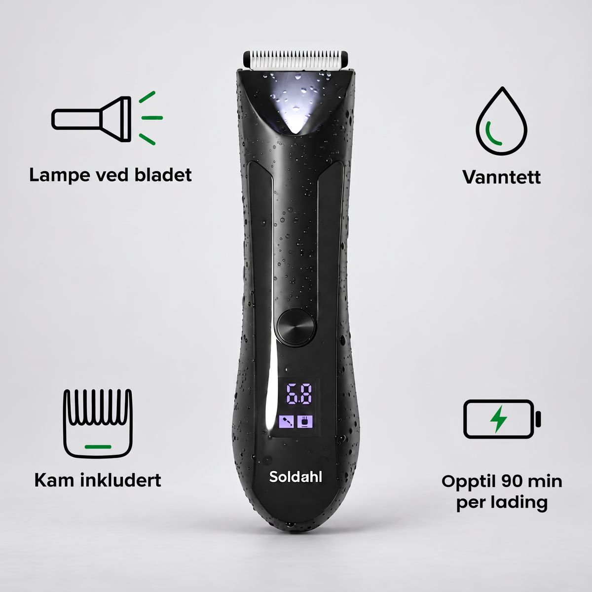 Kroppstrimmer med ikoner for lys ved bladet, vanntett, kam som følger med og opptil 90 minutter per lading