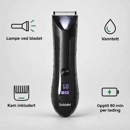 Kroppstrimmer med ikoner for lys ved bladet, vanntett, kam som følger med og opptil 90 minutter per lading