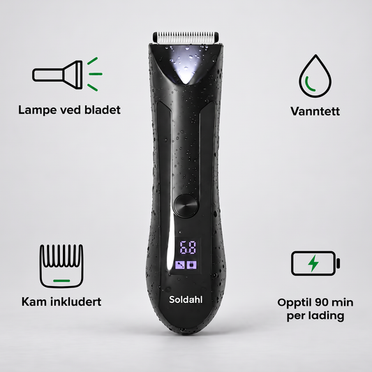 Kroppstrimmer med ikoner for lys ved bladet, vanntett, kam som følger med og opptil 90 minutter per lading