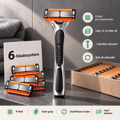 Rakvass håndtak i krom med svart grep og løse 6-blads barberhoder