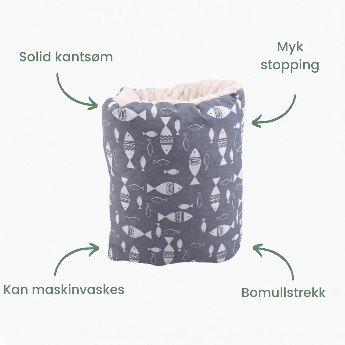 Armputens egenskaper: kantsøm, myk stopping, vaskbar, bomull