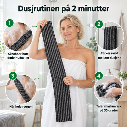 Kvinne i badekåpe holder det lange skrubbehåndkleet, fire fordeler rundt