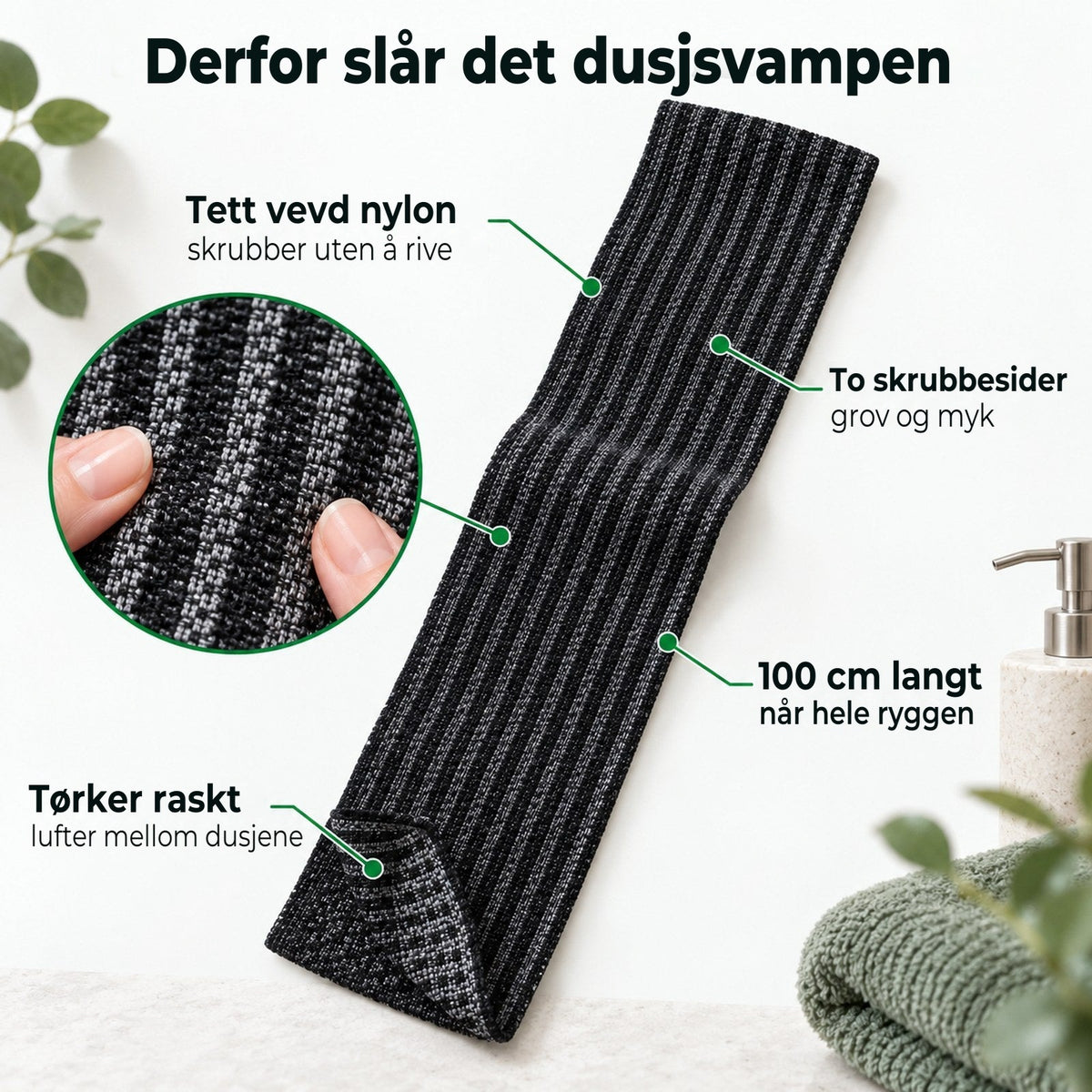 Skrubbehåndkleet med fire forklarte egenskaper: veving, to sider, lengde og tørketid