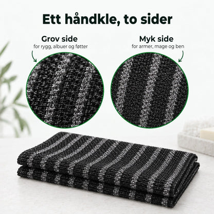 Nærbilde av håndkleets grove og myke side