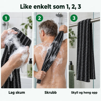 Tre steg: lag skum på håndkleet, skrubb ryggen, skyll og heng opp