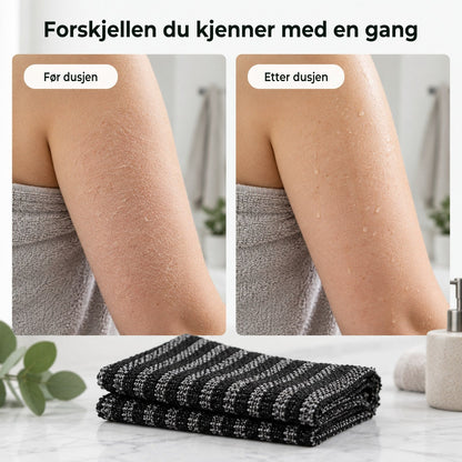 Overarm før og etter dusjen med skrubbehåndkleet, tørr hud mot glatt hud