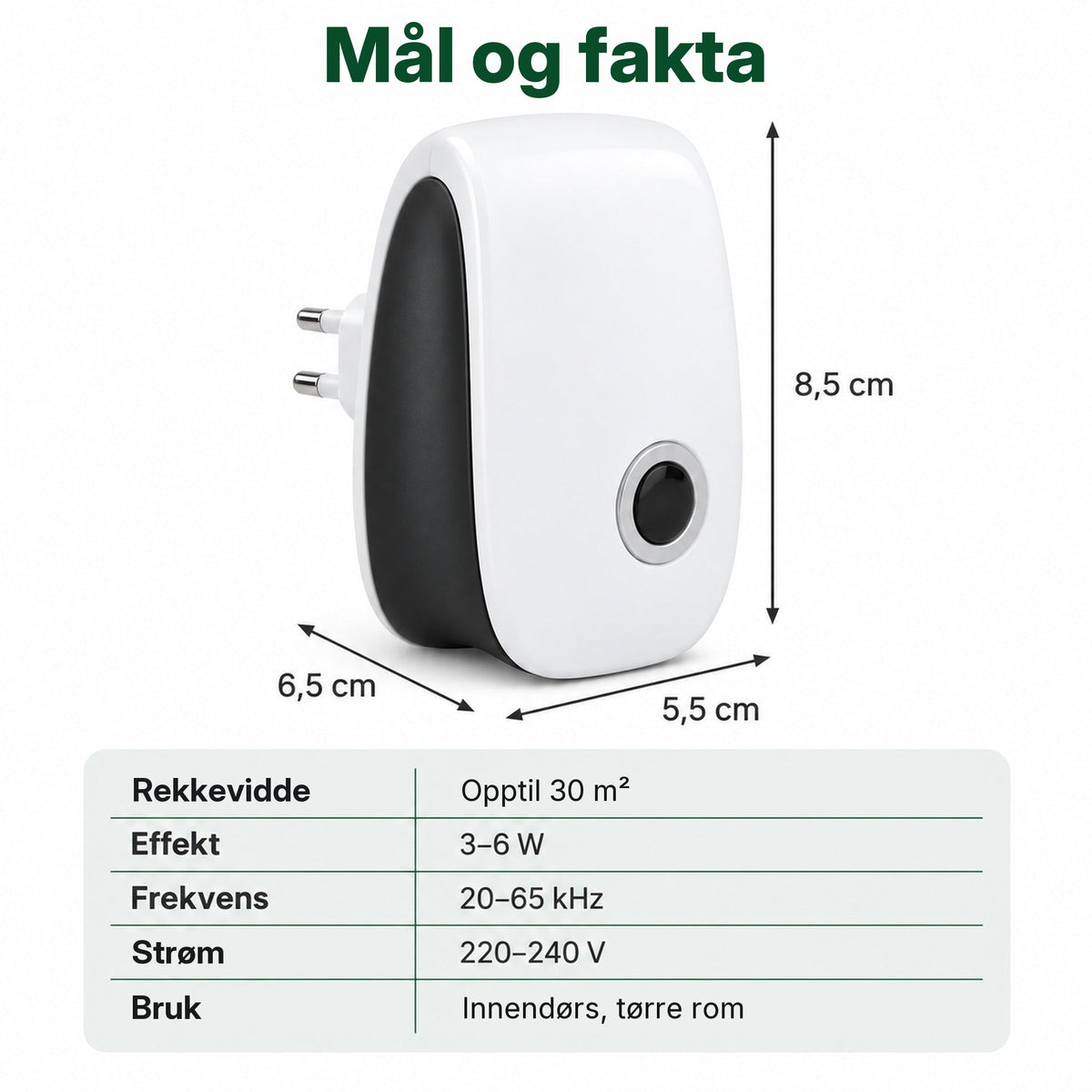 Tystvakt mål og fakta: 8,5 x 5,5 x 6,5 cm, 30 m², 3 til 6 W