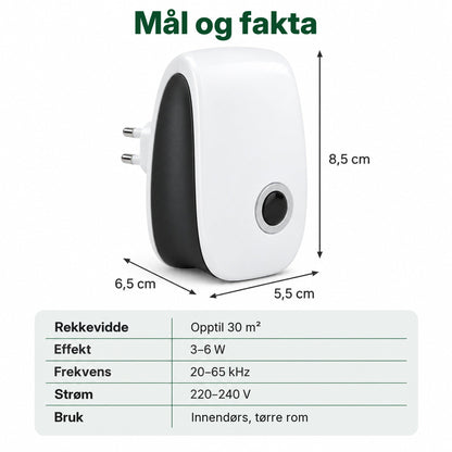 Tystvakt mål og fakta: 8,5 x 5,5 x 6,5 cm, 30 m², 3 til 6 W