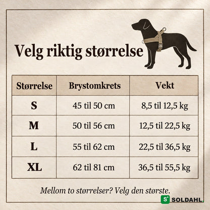 Størrelsesguide for antitrekksele: S, M, L og XL med brystomkrets og vekt