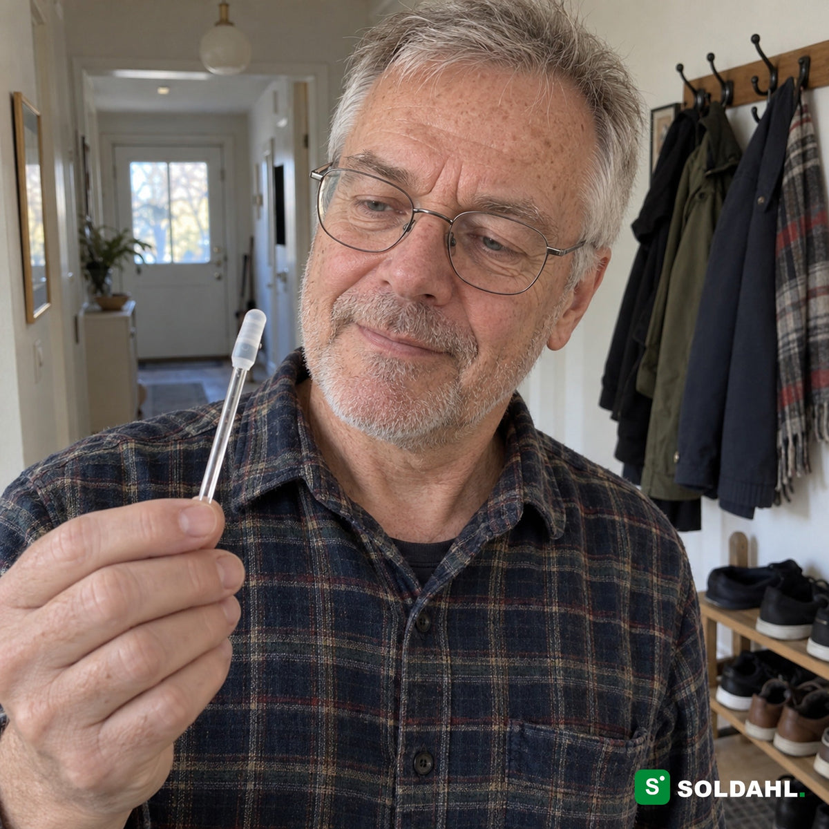 Mann på cirka 64 år i gangen ser på silikontuppen på pinnen i hånden