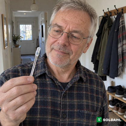 Mann på cirka 64 år i gangen ser på silikontuppen på pinnen i hånden