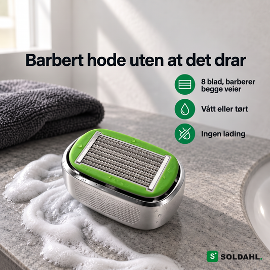 Soldahl Blankrak hodebarberer med 8 blad på en benk på badet