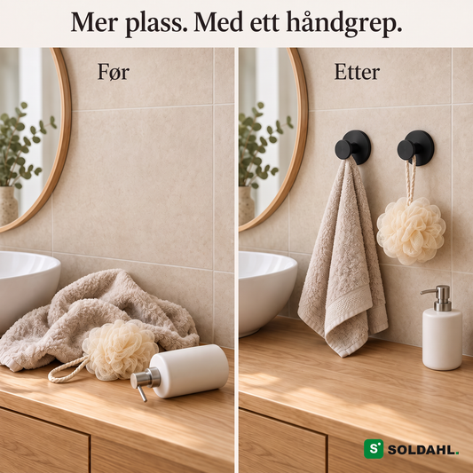 Før og etter montering av Fastholm sugekoppkrok, matt svart, på fliser