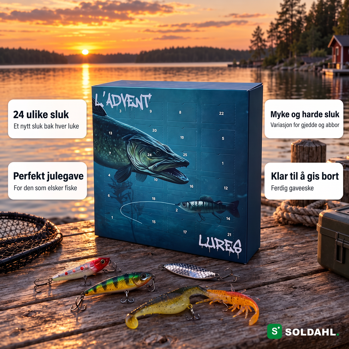Fiskekalender i solnedgang med fordeler