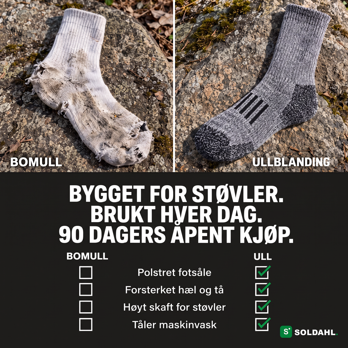 Sammenligning mellom slitt bomullssokk og ullblandet arbeidssokk med sjekkliste