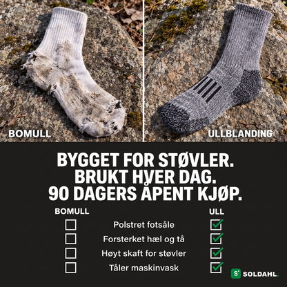 Sammenligning mellom slitt bomullssokk og ullblandet arbeidssokk med sjekkliste