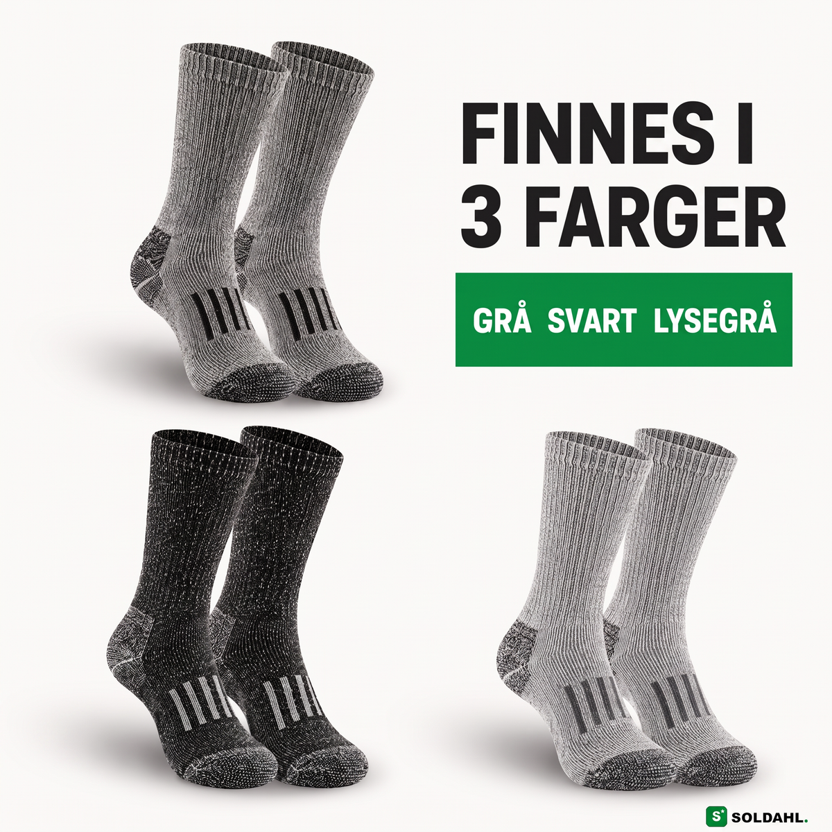 Arbeidssokker i tre farger: grå, svart og lysegrå