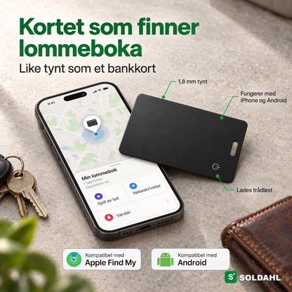 Svart sporingskort i bankkortformat ved siden av en telefon som viser lommebokas posisjon på kartet