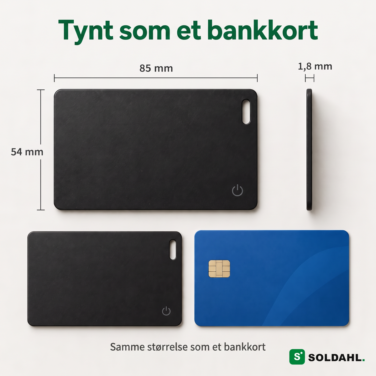 Målbilde 85 x 54 x 1,8 mm som viser at sporingskortet er like stort som et bankkort