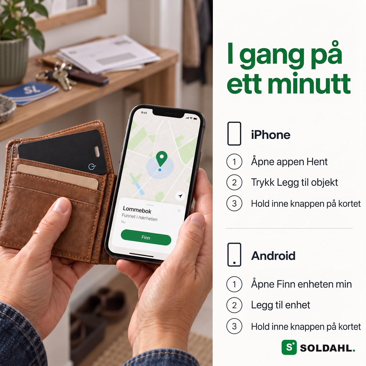 Hender som legger sporingskortet i lommeboka og telefon som viser at lommeboka er funnet i nærheten