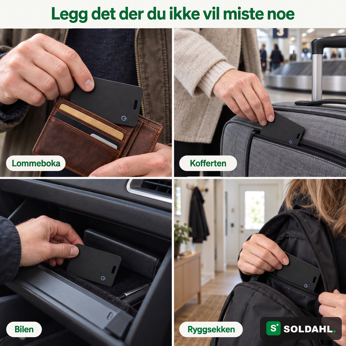 Fire bilder der sporingskortet legges i lommeboka, kofferten, bilen og ryggsekken