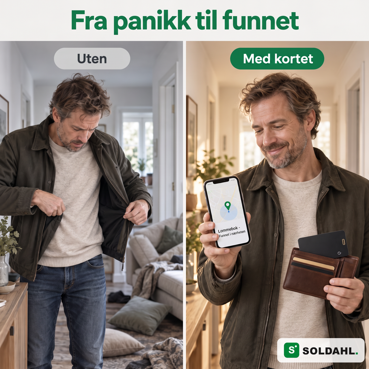 Mann som leter i lommene ved siden av den samme mannen som har funnet lommeboka med telefonen