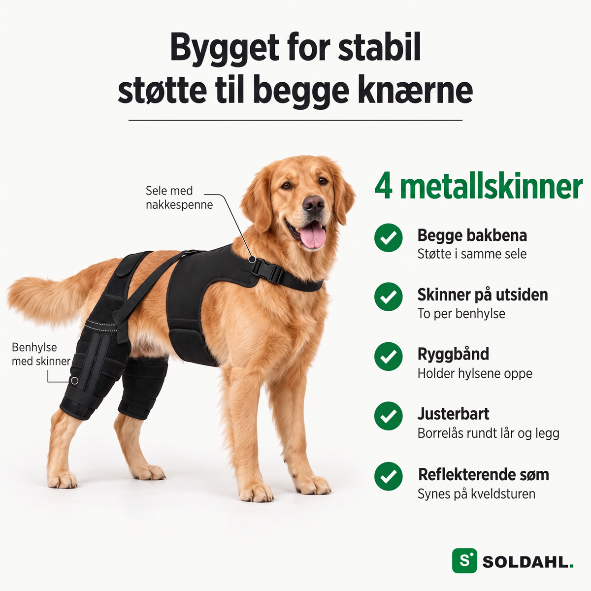 Lunkro knebeskytter med sele, fire metallskinner og ryggbånd forklart