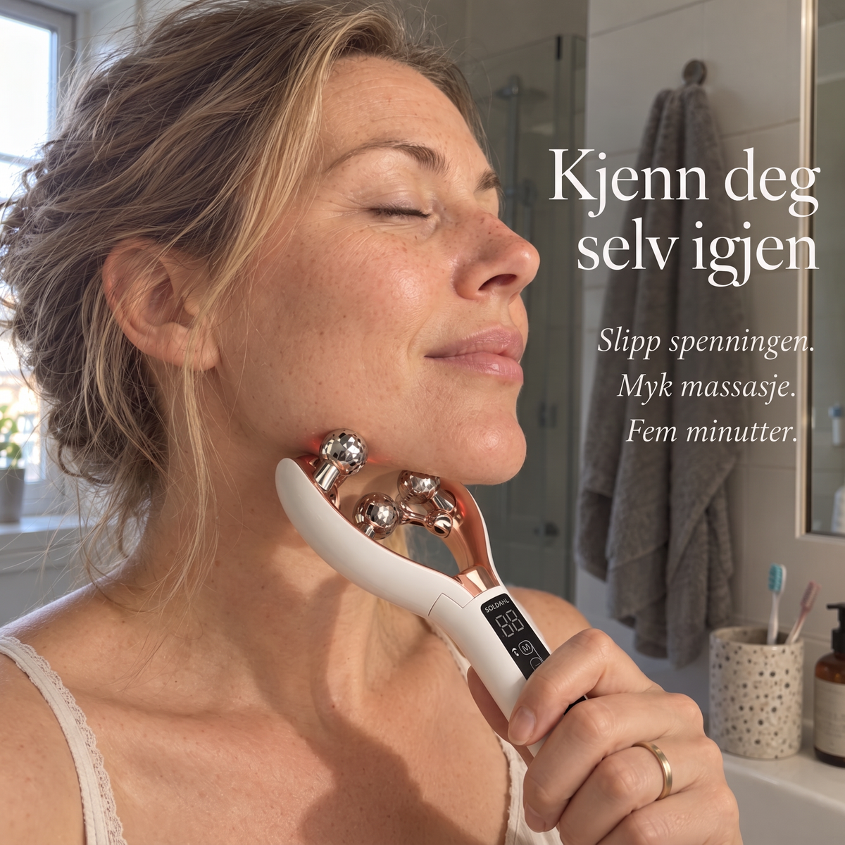 Kvinne med lukkede øyne ruller Kjevero langs kjevelinjen på badet