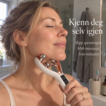 Kvinne med lukkede øyne ruller Kjevero langs kjevelinjen på badet