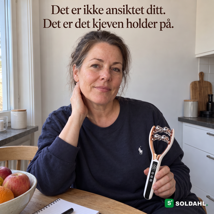 Kvinne ved kjøkkenbordet med hånden mot kjeven holder Kjevero i fanget