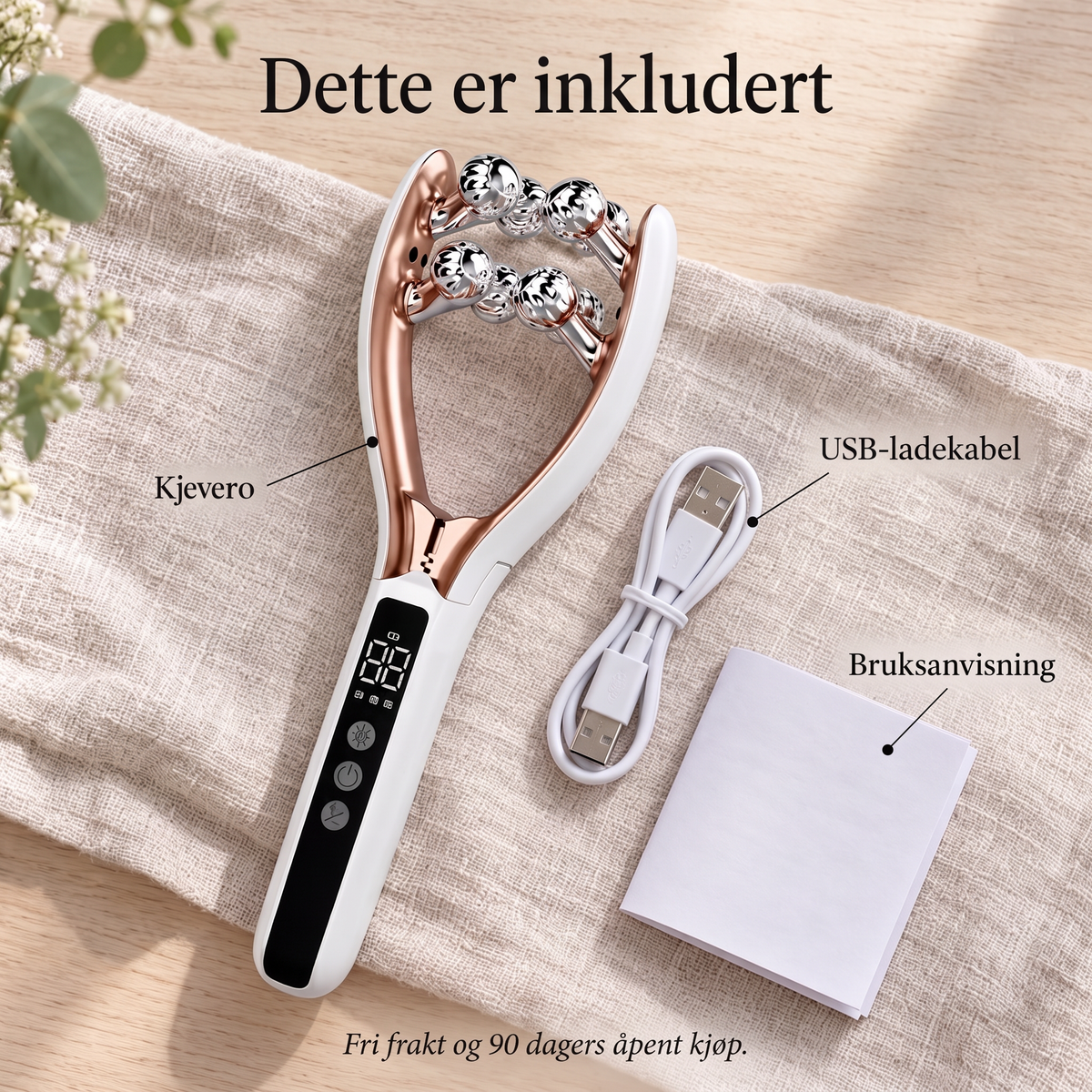 Kjevero ansiktsroller med USB-ladekabel og bruksanvisning på linstoff