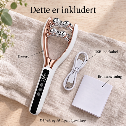 Kjevero ansiktsroller med USB-ladekabel og bruksanvisning på linstoff