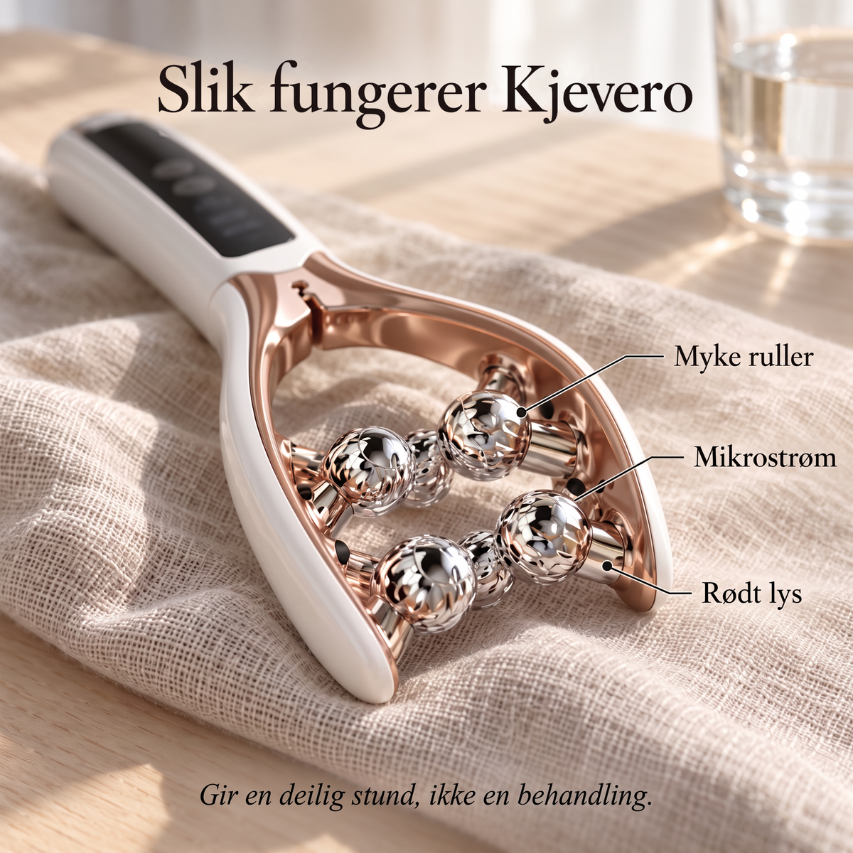 Nærbilde av Kjeveros metallruller i roségull på linstoff, Slik fungerer Kjevero