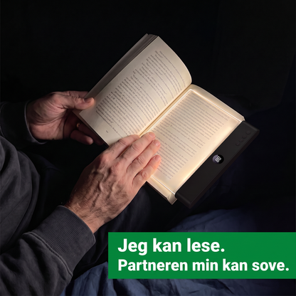 Jeg kan lese. Partneren min kan sove. Lesro ligger på boksiden i mørket