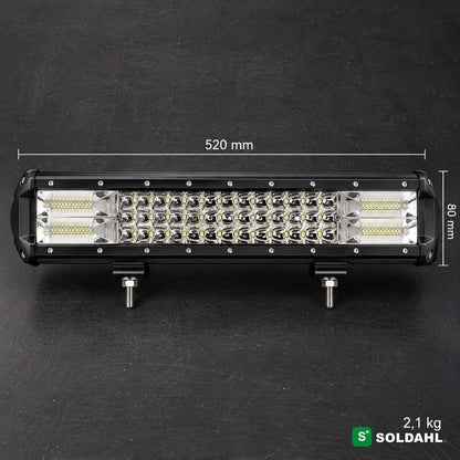 Mål på LED-lysbaren: 520 mm lang, 80 mm høy og 2,1 kg