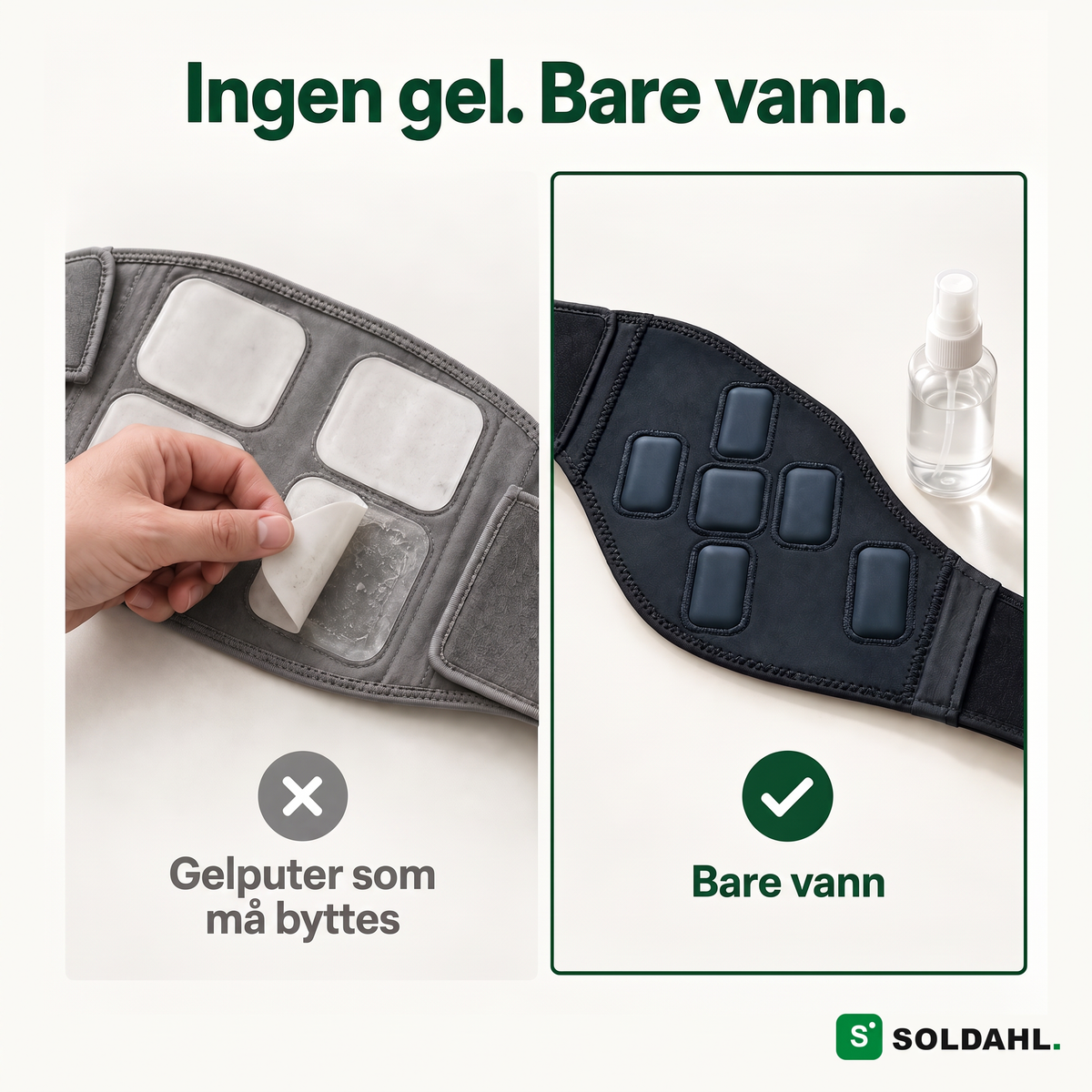 Sammenligning: gelplater som må byttes, mot magebeltets stoffplater som bare trenger vann