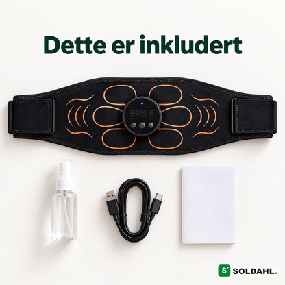 Dette er inkludert: magebelte, kontroll, sprayflaske, USB-C-kabel og bruksanvisning