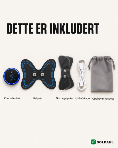 Dette følger med: kontrollenhet, gelpute, ekstra gelputer, USB-C-kabel, oppbevaringspose