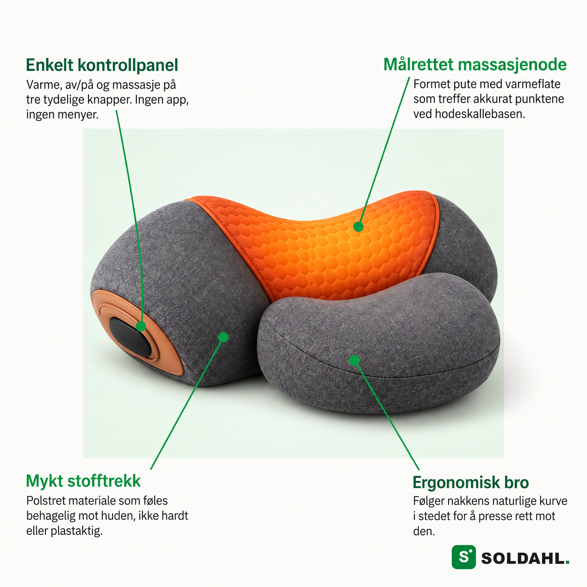 Soldahl® Nackvila funksjoner: kontrollpanel, massasjenode, stofftrekk, ergonomisk bro
