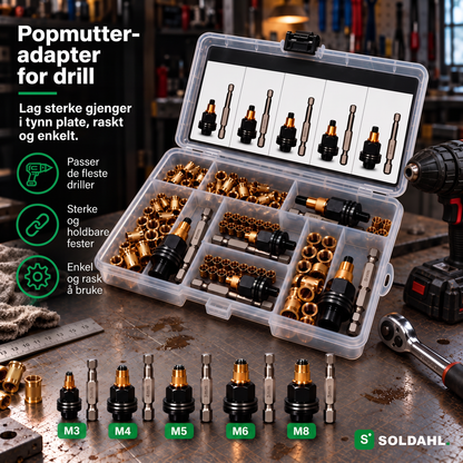 Soldahl Nitfast popmutter-adapter for drill, åpen eske med fem adaptere, bits og popmuttere på en arbeidsbenk