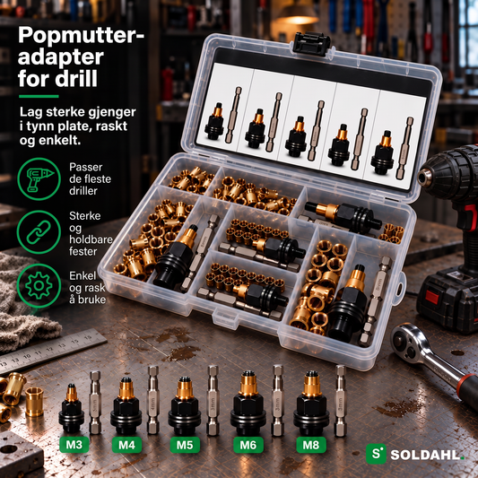 Soldahl Nitfast popmutter-adapter for drill, åpen eske med fem adaptere, bits og popmuttere på en arbeidsbenk