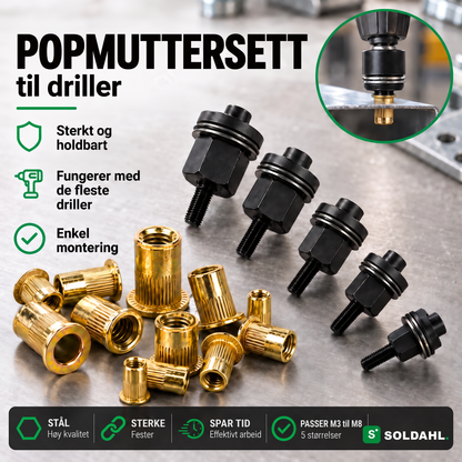 Popmuttersett for drill med adaptere og popmuttere samt forstørrelse av montering i plate