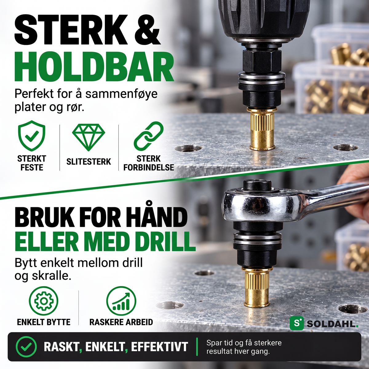 Nitfast-adapter setter en popmutter i plate, brukes for hånd med skralle eller med drill